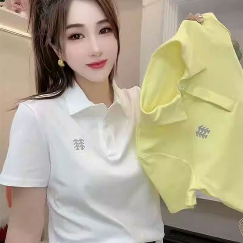 大きいサイズのヨーロッパ刺繍文字ポロ襟半袖Tシャツ女性用2025夏新作ゆったり痩身トップス|undefined