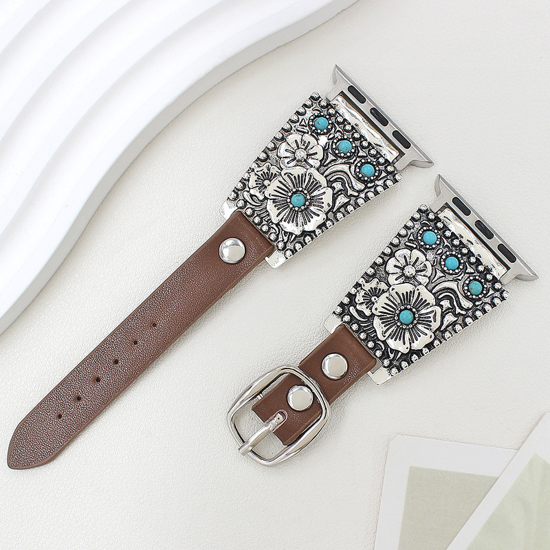 Suitable for Apple Watch Iwatch45678/Se Generation Smart Watches with Turquoise Leather Strap in Retro Style Suitable for Apple Watch Iwatch45678/Se Generation Smart Watches with Turquoise Leather Strap in Retro Style