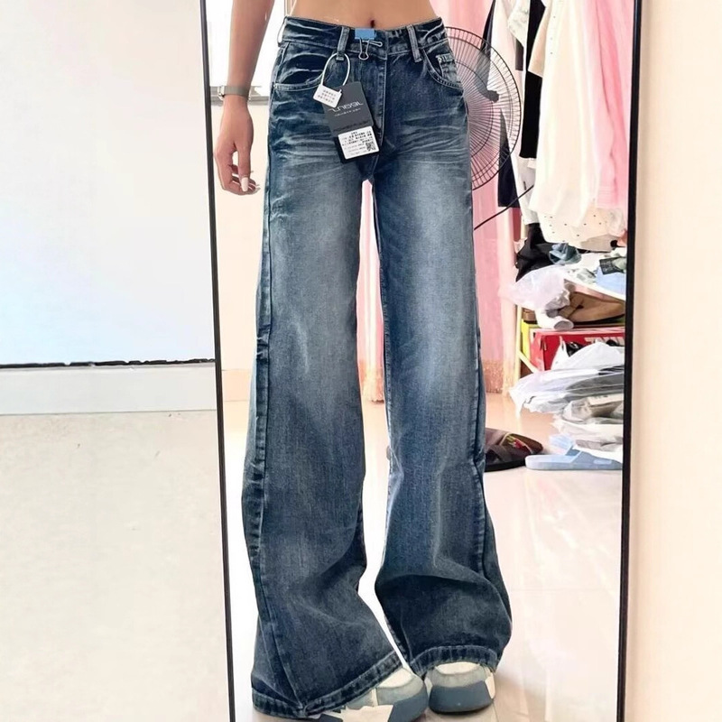 Tall American-Style Washed Retro Low-Rise Flared Straight-Leg Jeans for Women with Drapey Versatile Floor-Length Design