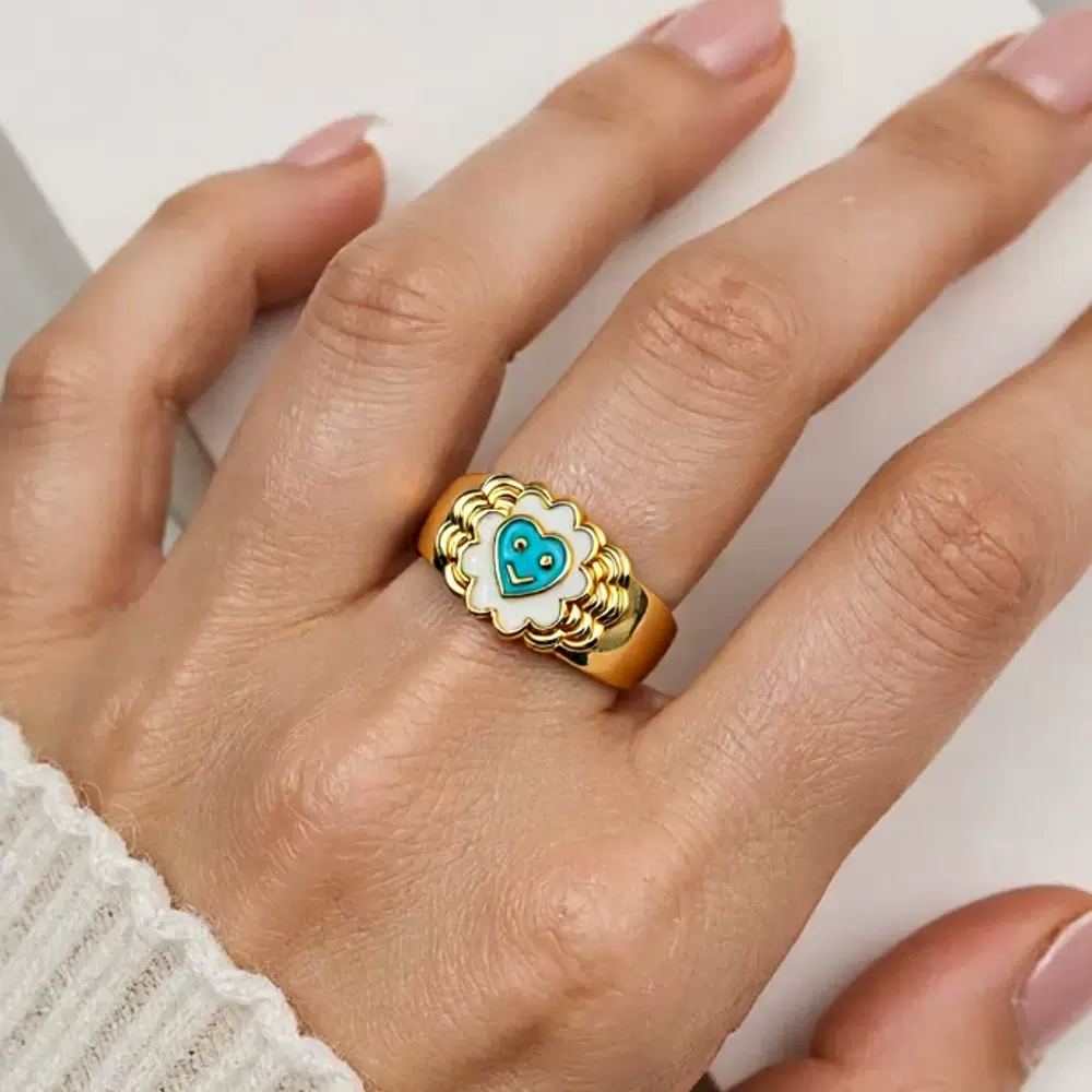 欧美甜酷彩色滴油嘻哈戒指 女简约百搭心形笑脸几何跨境潮流手饰