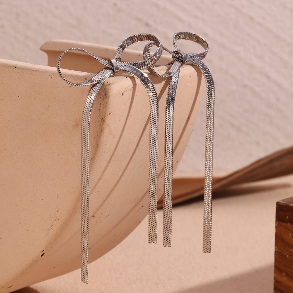 Steel Color Blade Chain Bow Stainless Steel Earrings