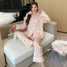 日系卡通印花海岛绒睡衣女秋冬季新款花边长袖长裤家居服套装批发