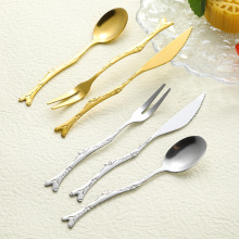 树枝勺水果叉不锈钢创意木纹月饼刀叉跨境咖啡搅拌勺甜品勺子叉子