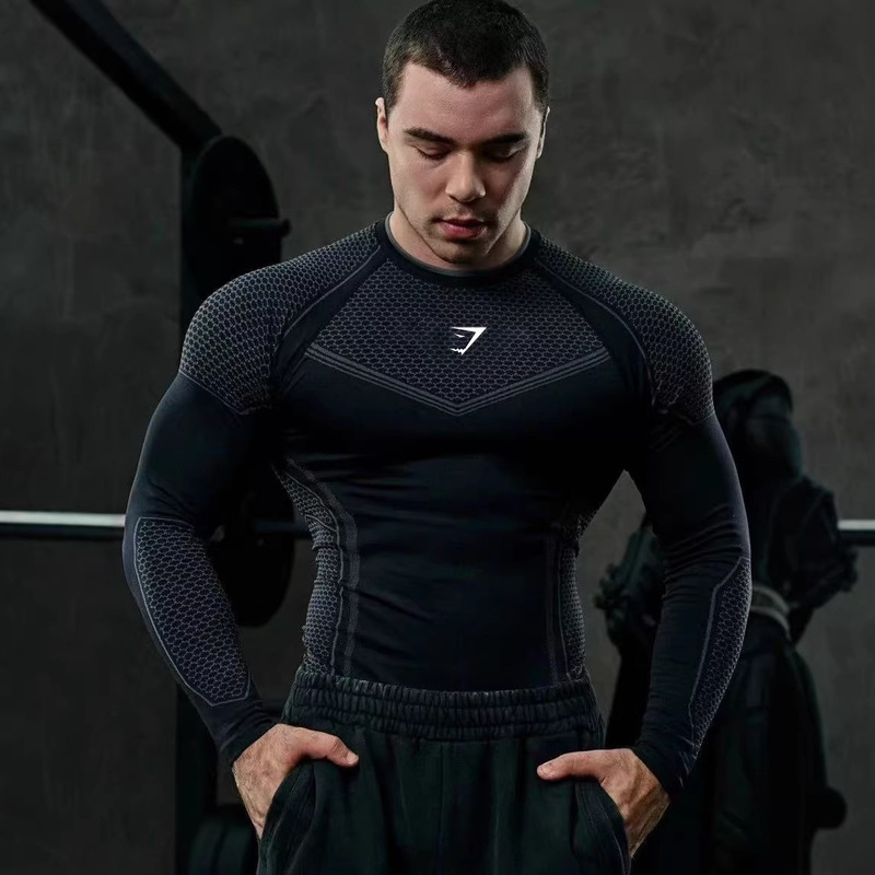 Gymshark Fitness Long-Sleeved Men's Autumn and Winter Base Layer Elastic Quick-Drying Tights Cycling Trendy Printed T-Shirt Gymshark Fitness Long-Sleeved Men's Autumn and Winter Base Layer Elastic Quick-Drying Tights Cycling Trendy Printed T-Shirt