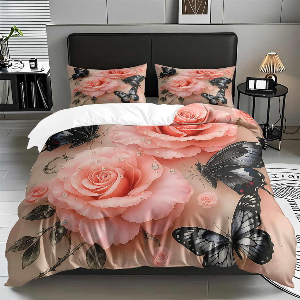 TEMU / JIT multi-tipo rosa impresión digital abrasión set edredón suave piel textil transpirable