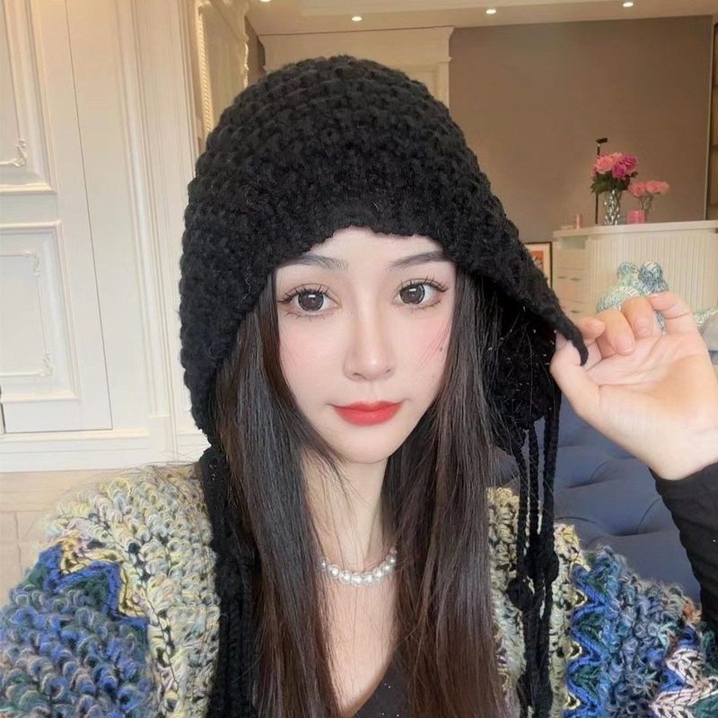 手工编织款流苏球球帽加厚保暖包头帽女冬天护耳绑带帽针织毛线帽|undefined