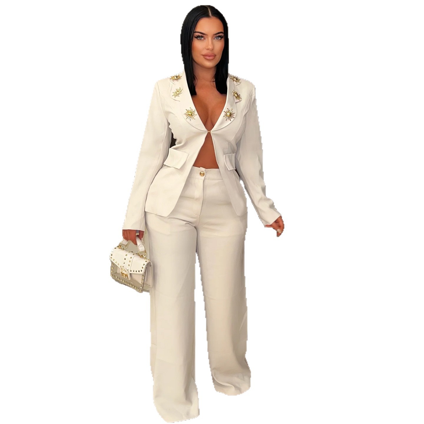 Completo elegante donna con blazer a revers a contrasto e pantaloni_voghion.com