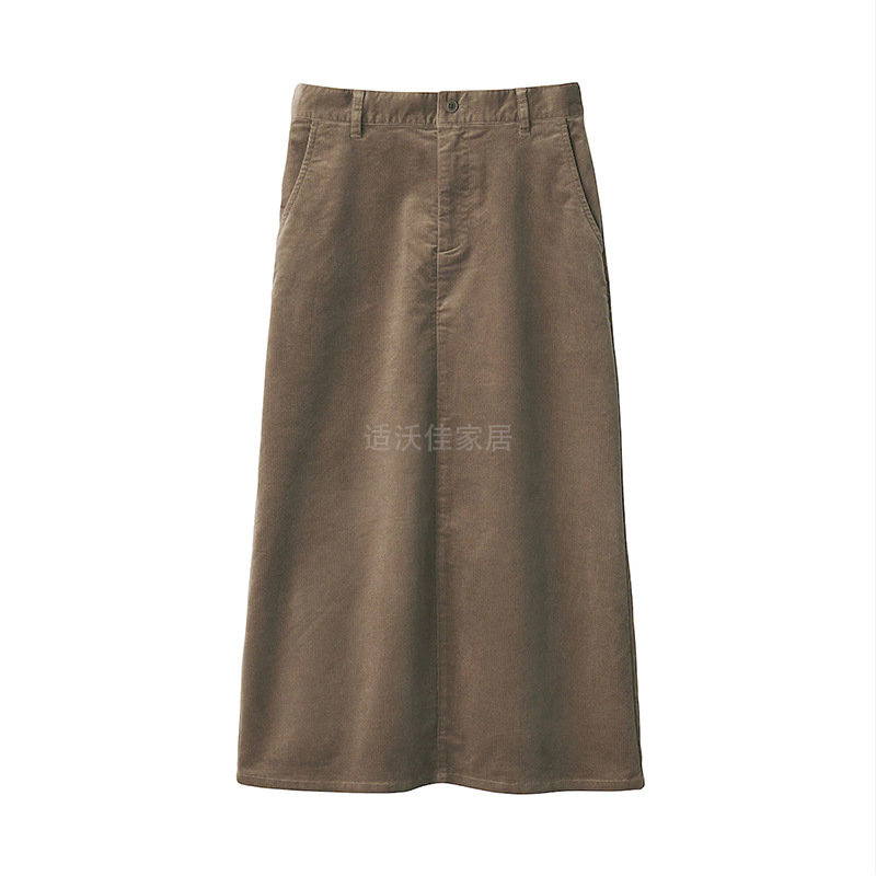 Non-printing MUJ stretch corduroy skirt mid-length skirt micro-elastic spring autumn winter casual solid color commuter suit skirt