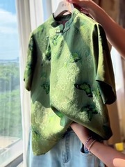 夏季新中式国风年轻款绿色蝴蝶提花香云纱短袖衬衫女唐装上衣