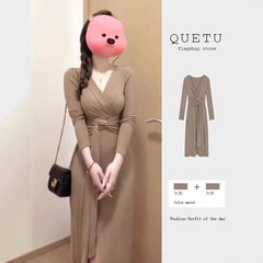 ギャル純欲風カレー色vネックワンピース女性気質ストラップロングスカートスタイル長袖ウエストスカート
