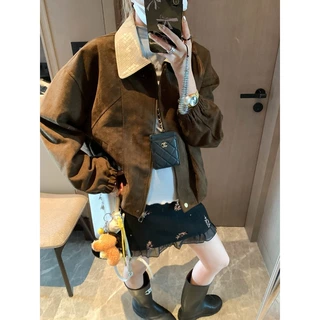 摩且 美拉德腔调 复古撞色PU皮翻领宽松短款麂皮绒夹克外套MQ2071