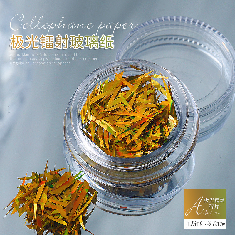 Aurora elfo fragmentos irregulares celofán Corte libre tira flash colorido láser papel uñas pegatina al por mayor