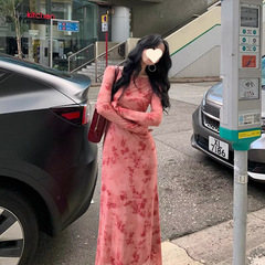 法式复古网纱印花长袖连衣裙套装女春季新款修身气质收腰鱼尾裙子