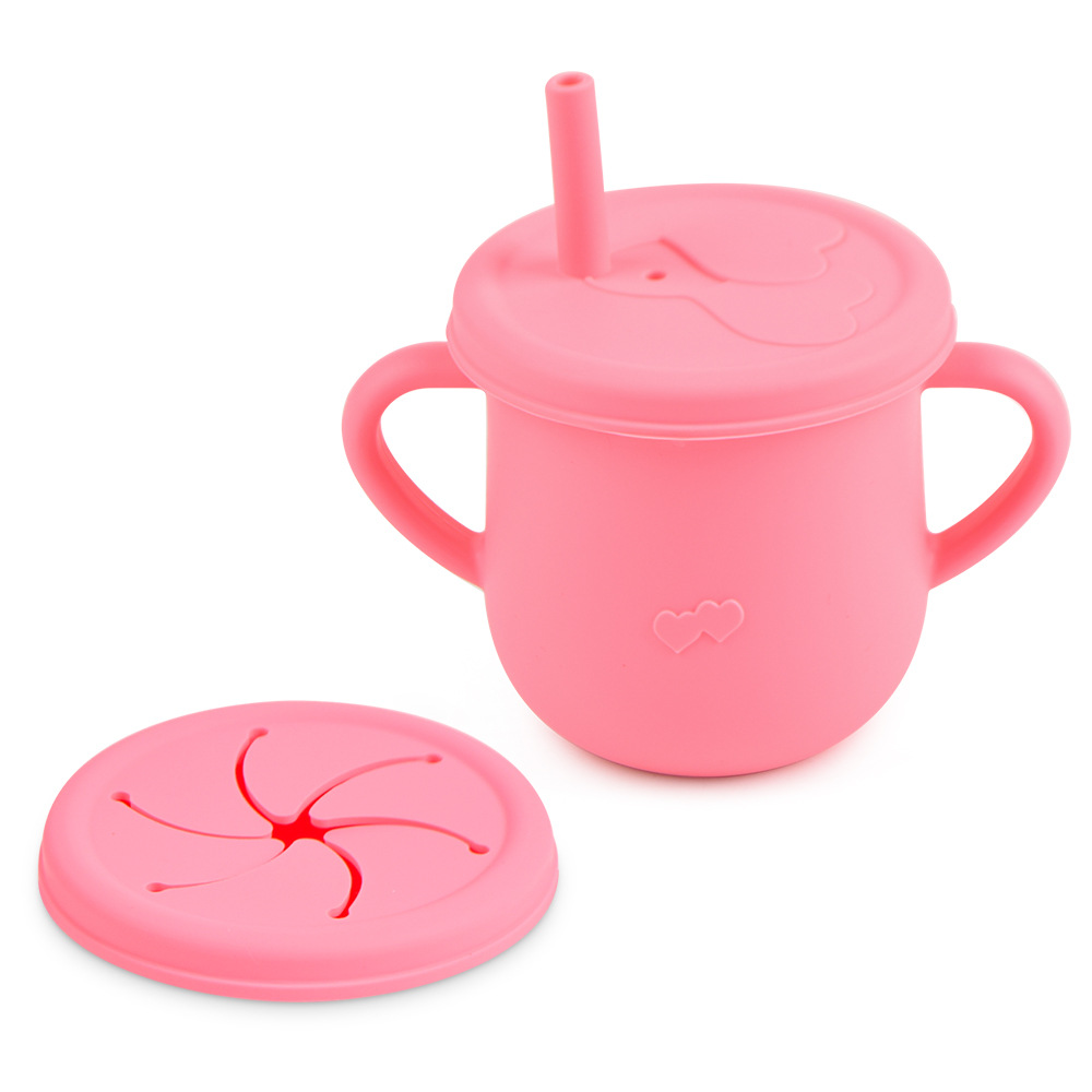 Silicona de grado alimenticio para niños snack Cup mango binaural portátil resistente a la caída con taza de paja de bebé taza de bebida de silicona