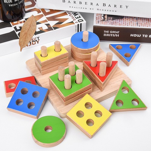 ohye Early Education Toys Children Beneficial for Intelligence Building Blocks Beech Wood Four Sets Column Geometric Shapes Color Recognition Stacking Tower
