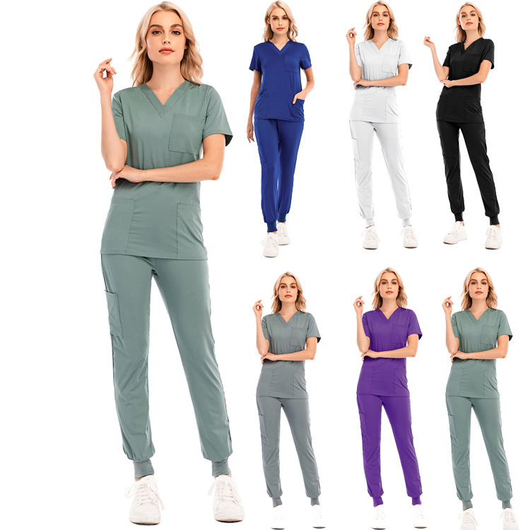 V-neck short sleeved pocket nurse uniform set hospital operating room nurse work uniform