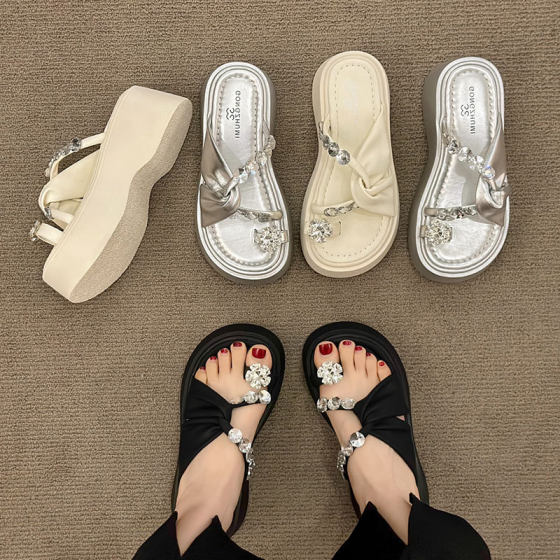 Rhinestone Toe Sandals and Slippers Women's Summer Outer Wear 2025 New Style Fairy Style Increased Thick Bottom Beach Sandals with Skirt