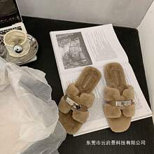 韩版毛毛拖鞋女春2026新款H字毛绒平底外穿平底名媛温柔拖鞋