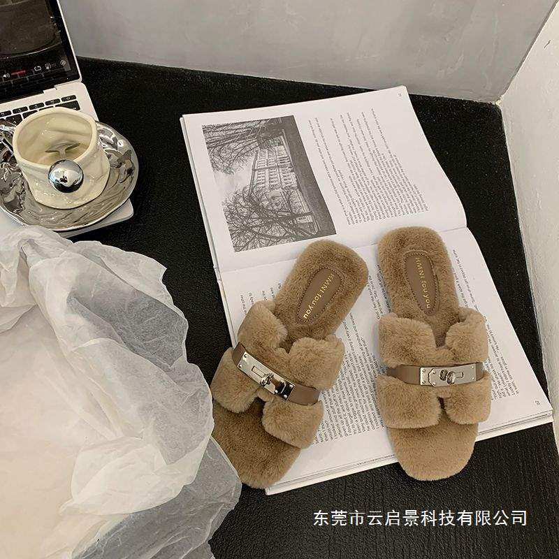 韩版毛毛拖鞋女春2026新款H字毛绒平底外穿平底名媛温柔拖鞋