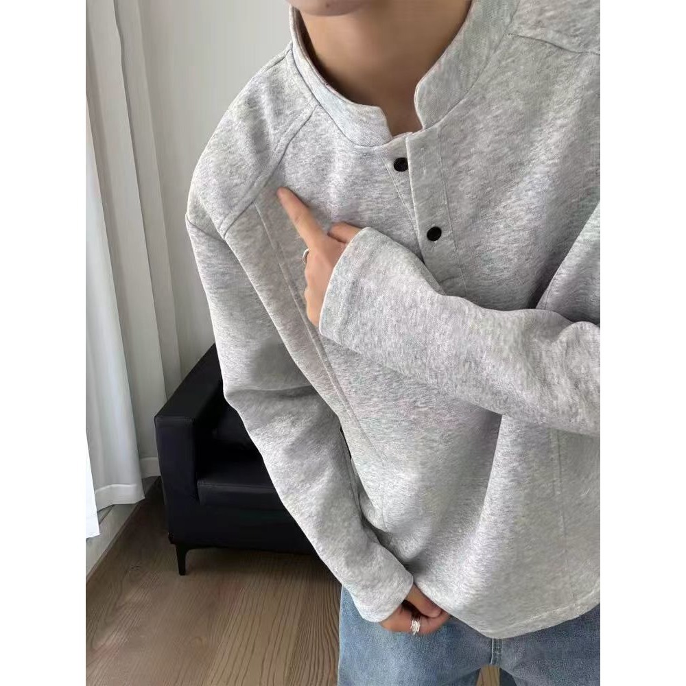 American-style long-sleeve men's t-shirt, autumn short wide stand-up collar sweatshirt, trendy brand direct supply, plus-size POLO shirt