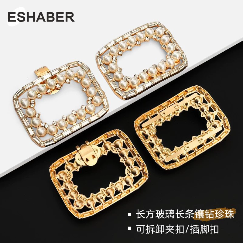 Новые универсальные женские туфли с металлической квадратной пряжкой на носке, стеклянной длинной кромкой, туфлями с жемчугом, инкрустированными бриллиантами, аксессуарами для пряжек для обуви с цветами.