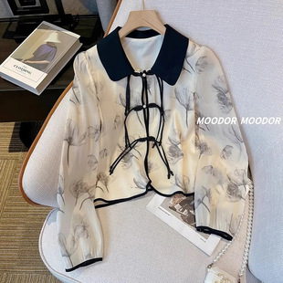 Design Sense National Style Plate Buckle Niche 2024 New Chinese Style Printed Shirt for Little Women Light Long Sleeve Shirt Spring Stitching