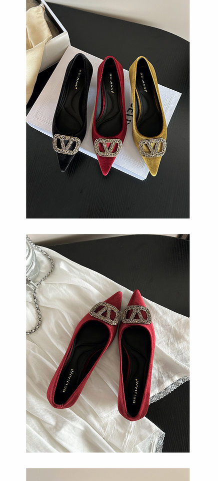 Giày Mary Jane nữ gót thấp mũi nhọn nhung, khóa đính đá chữ V, phong cách Pháp cổ điển, cổ nông — Màu đỏ rượu, Xanh lá cây, màu đen chi tiết 11