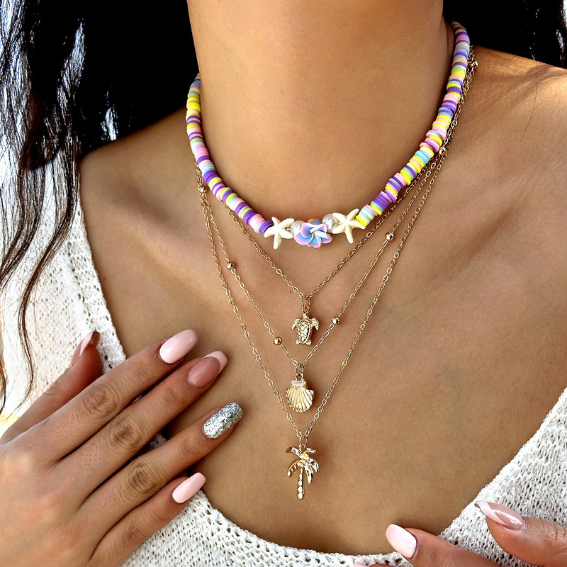 Cross-border European and American Personality Soft Pottery Necklace Fashion Coconut Tree Starfish Hundred Flowers Pendant Long Necklace Overlapping Clavicle Chain