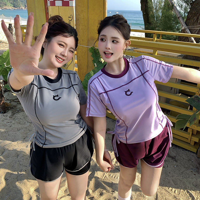 Color-Blocked Plus-Size Swimsuit for Girls, Suitable for Overweight Women up to 200 Pounds, Conservative Two-Piece Style, Covers the Belly, Slimming Effect, Shorts, Sporty Swimwear