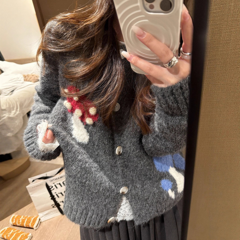 Handmade Stereo Crocheted Mushroom Knitted Cardigan for Women 2025 Autumn and Winter Soft and Waxy Lazy Sweet Sweater Short Jacket