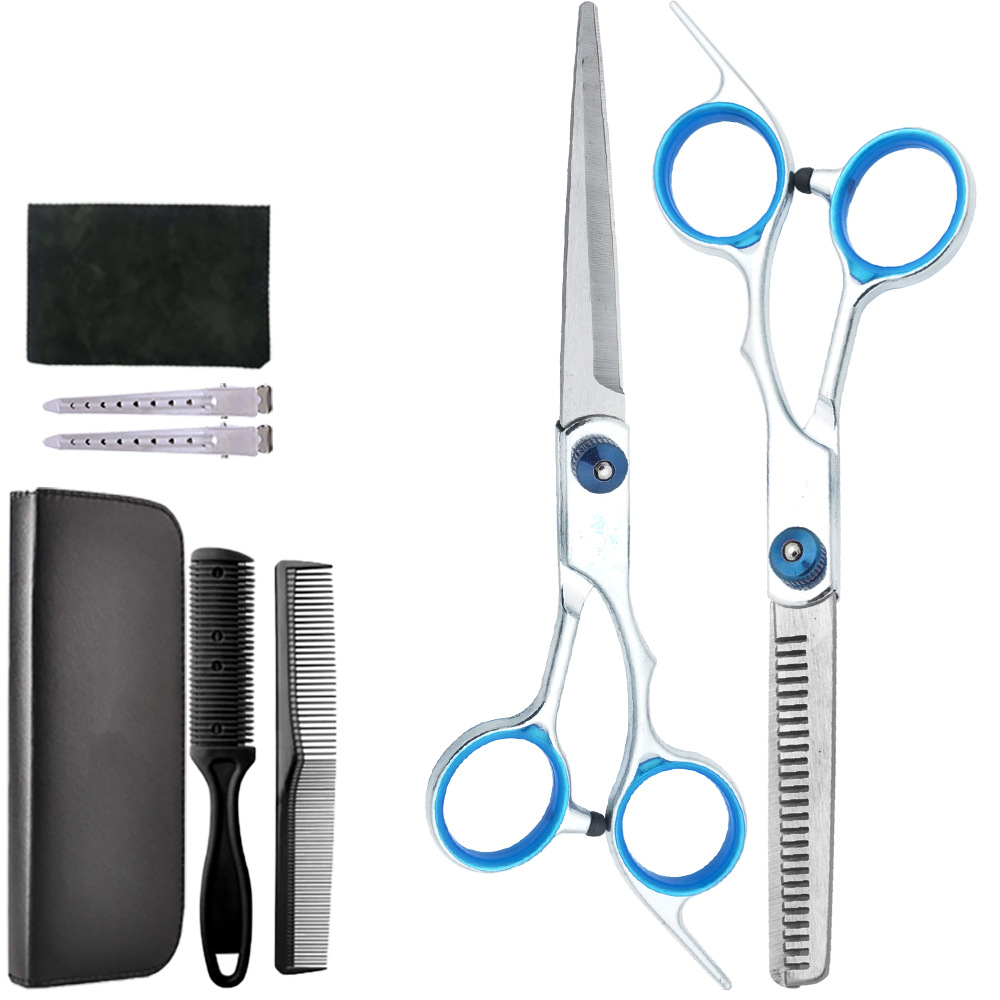 Un conjunto completo de tijeras de corte de pelo al por mayor, tijeras de dientes delgadas profesionales, tijeras planas de reparación de cabello, tijeras para el hogar, fabricantes de herramientas de tijeras para el cabello