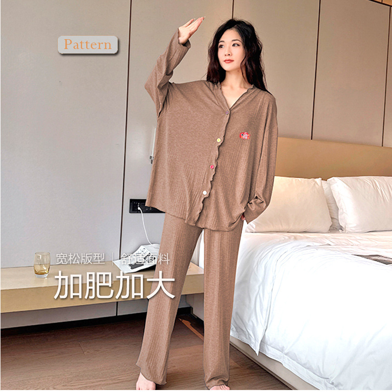 Modal Plus-Size Cardigan Pajamas with a High-End Feel, Ruffled Long Pants, Long-Sleeve Set That Can Be Worn Outside, Women's Loungewear