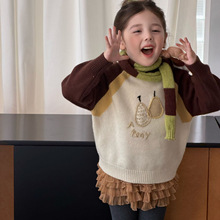 现货韩版圆领女童羊毛衫澳洲进口全羊毛双股加厚手工刺绣撞色毛衣