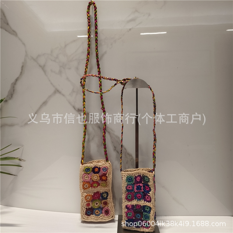 2025 태국 수입 순수 손으로 짠 민족 스타일 밀짚 가방 라피아 스퀘어 가방 패션 휴대 전화 가방 동전 지갑