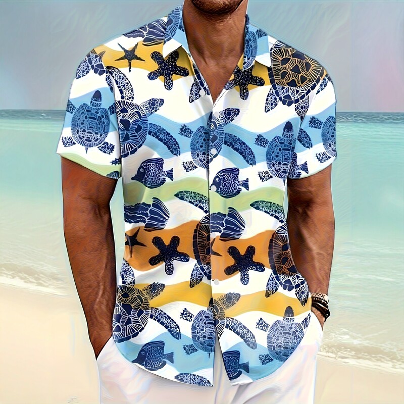 Amazon Ocean Turtle and Starfish Print Men's Short Sleeve Shirt European Size Beachwear Men's Clothing in Stock One Piece Dropshipping