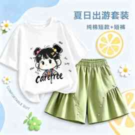 夏季女童纯棉短袖T恤+半身短裤两件套儿童上衣裙裤甜美套装女宝宝