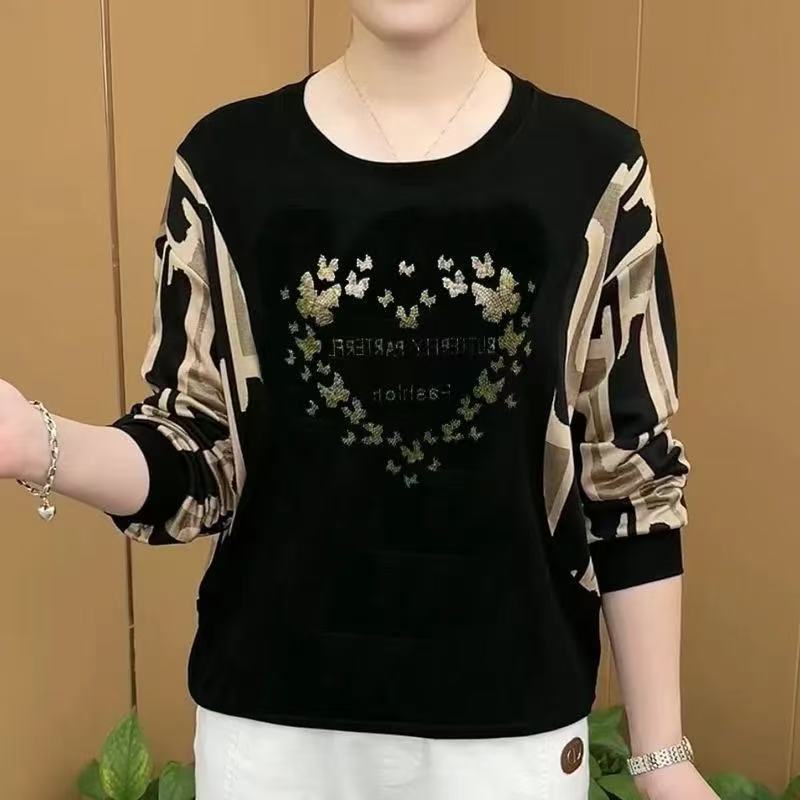 减龄女装圆领上衣2025春季新款烫钻时尚宽松遮肉外穿洋气妈妈装潮|undefined