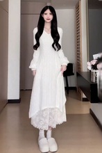 蕾丝连衣裙不规则秋冬新款法式气质领修身拼接打底裙子加厚