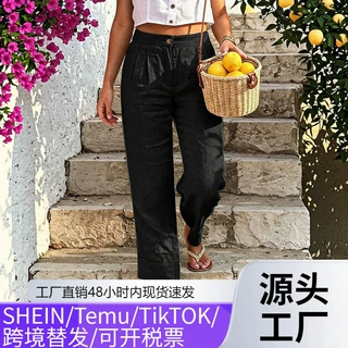 跨境亚麻短裤夏季短裤沙滩短裤纽扣口袋舒适假日亚麻棉混纺时尚