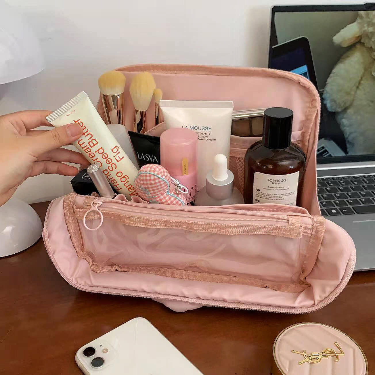 Bolsa de lavado portátil para mujeres de pie, bolsa de almacenamiento de maquillaje multifuncional de alta gama, bolsa de maquillaje de viaje, gran capacidad