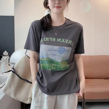 设计感时尚字母油画印花圆领短袖T恤女2025夏季新款百搭通勤上衣