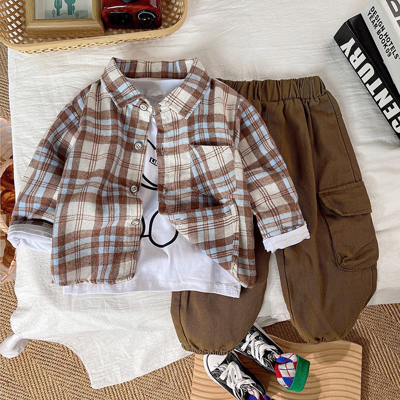 Dropshipping Boys' Autumn Outfit Set Children's Plaid Shirt Stylish Cargo Pants Trendy Cool Three-Piece Set Spring and Autumn Clothes