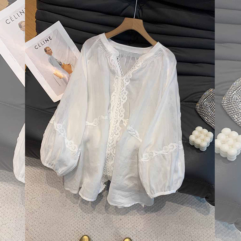 French-Style Hollow Lace Crochet Shirt for Women, Thin Long-Sleeve Stand Collar Lantern Sleeve Loose Plus-Size Sun Protection Shirt for Summer