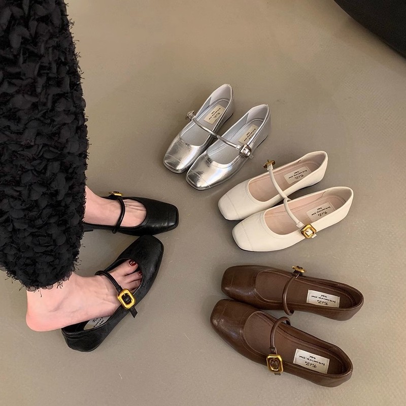 Korean Style All-match Single-strap Shoes silver Women's Shoes Spring and Summer French Style Retro Mary Jane Shoes Flat Shoes Small Leather Shoes