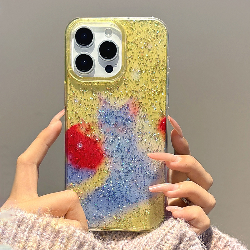 Yellow Glitter Cat Phone Case Suitable for iPhone 17 Pro Max and Apple 16, Full-Cover Epoxy Anti-Drop Protective Case