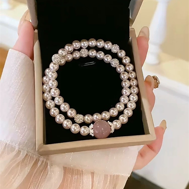 軽くて豪華で絶妙な二層マイクロセット石家真珠ブレスレットパープルホースピンク桃の花天然石ブレスレット|undefined