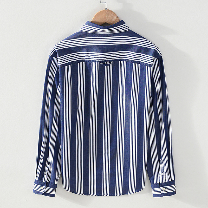 Nova camisa de algodão listrada casual masculina japonesa para primavera e verão, bolso solto para jovens, gola quadrada, camisa de manga comprida para homens_voghion.com