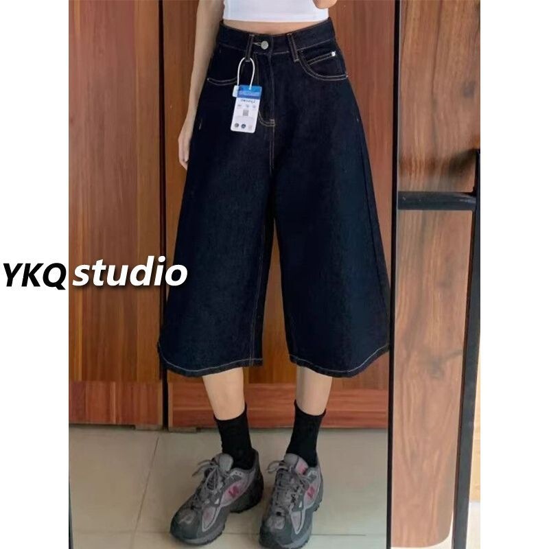 Petite women's American-style high-waisted dark blue cropped jeans, summer loose slimming straight wide-leg mid-length pants ins