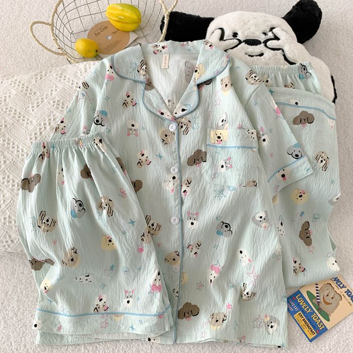 Verano nuevo estilo pijama mujer nube algodón 120g solapa cárdigan pantalones cortos de manga corta pantalones de tres piezas lindo servicio a domicilio