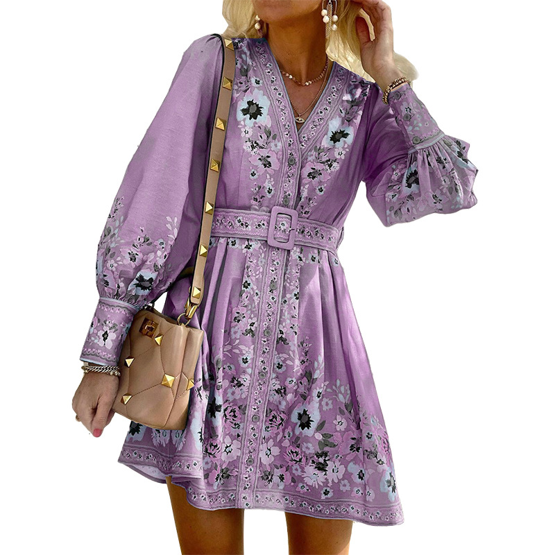 FD949 In Stock Cross-Border 2025 Autumn New Women's Long Sleeve V-Neck Loose Printed Bohemian Dress_ecoleips.com